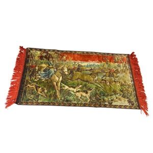 Vintage Velvet Tapestry Fox Hunt Scene Wall Hanging Horse Stag Hounds Fringe